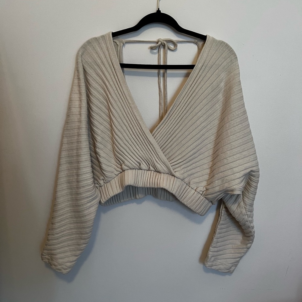 Cream Ribbed Knit Wrap Sweater